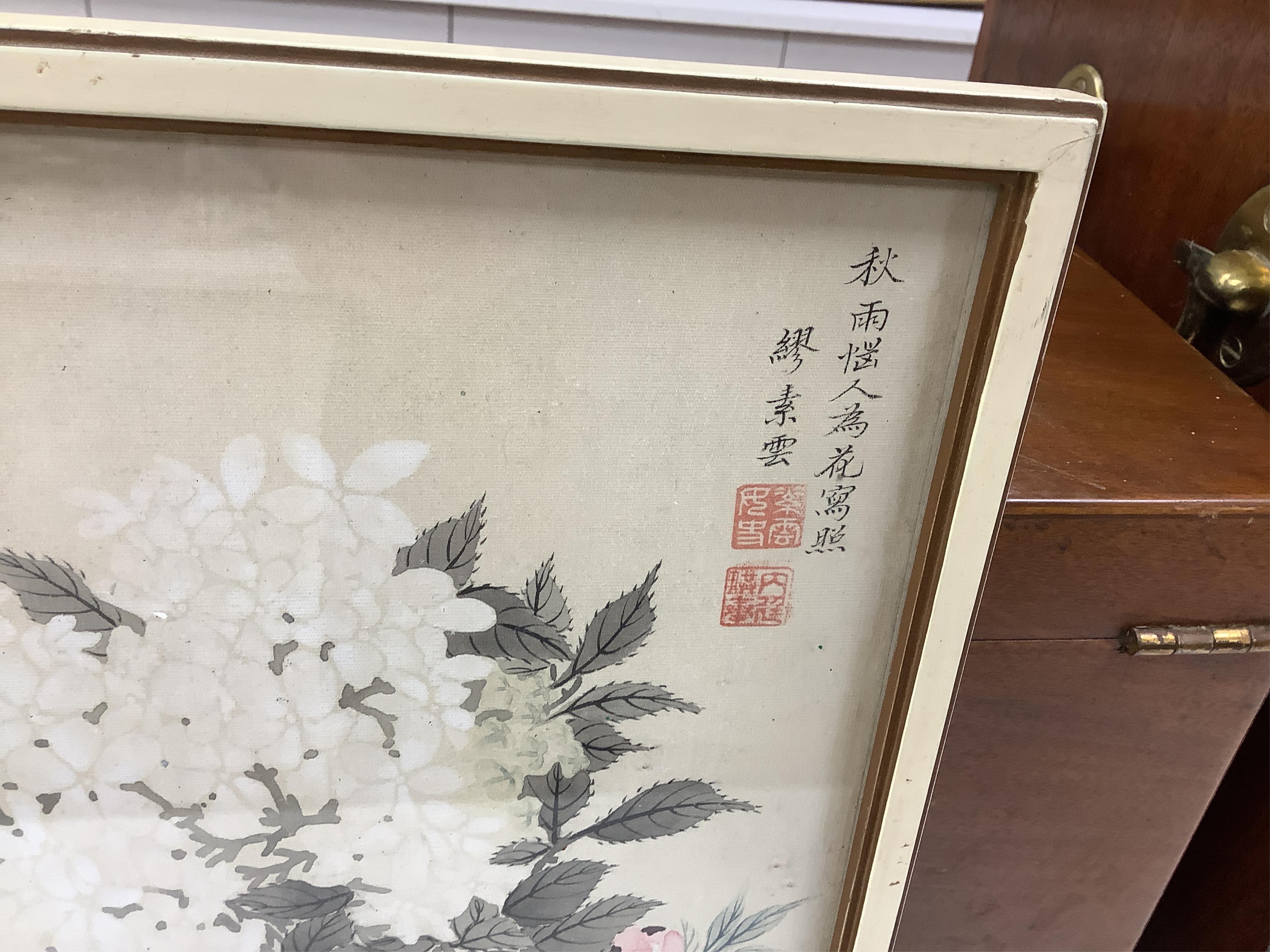 20th century, Japanese School, set of eight watercolours on silk, Flowers and insects, signed with character marks and red seal mark, 27 x 26cm. Condition - fair